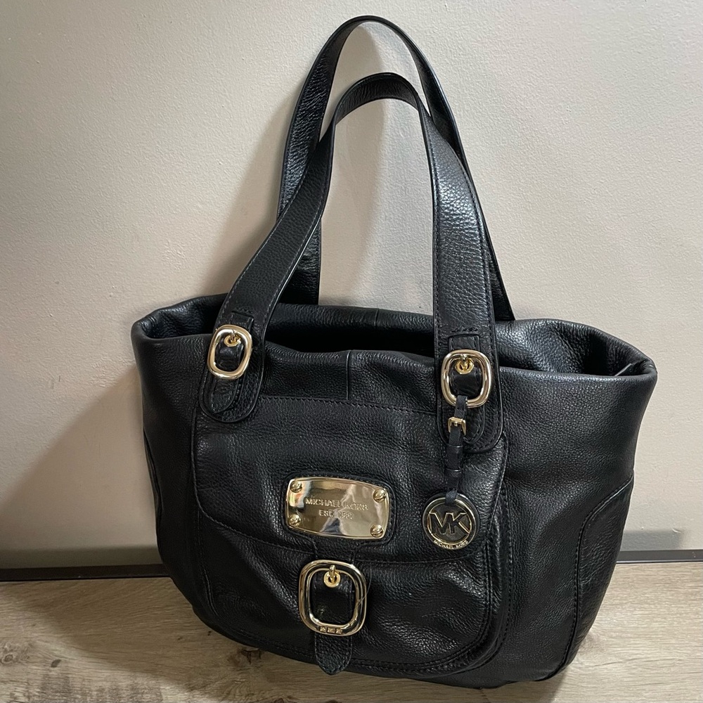 MICHAEL KORS Black PEBBLED Leather HUDSON Downtown DESIGNER Tote PURSE Bag